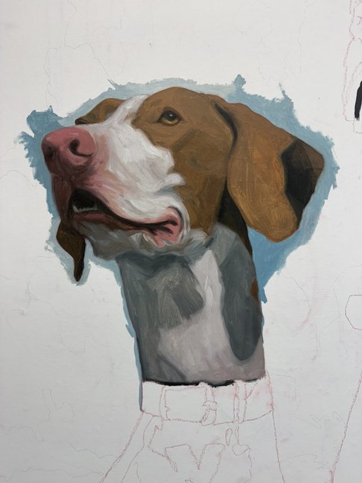 A painted portrait of a brown and white dog with its mouth open, looking upward, on a cracked white background.