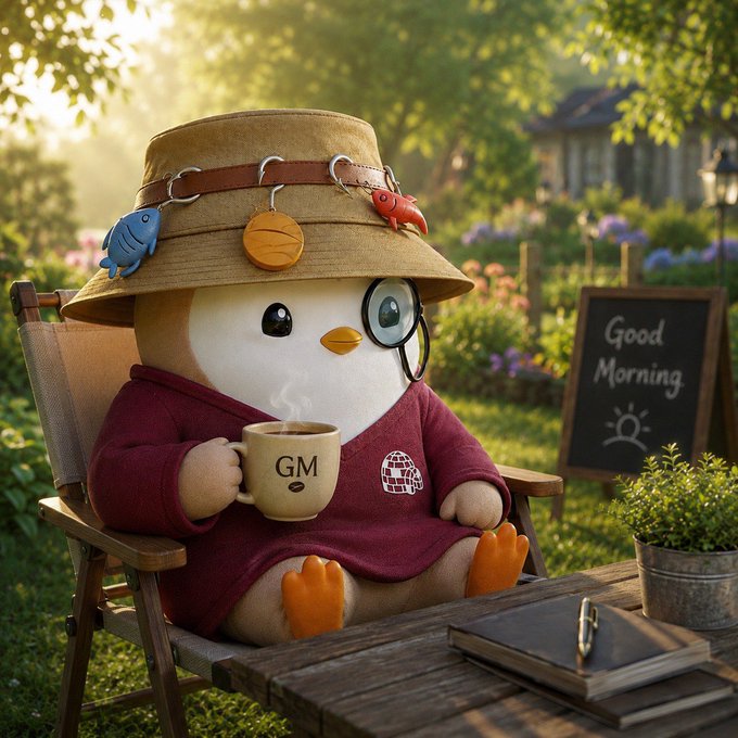 A 3D-rendered plush toy bird character wearing a bucket hat with charms and a monocle, holding a 'GM' mug while sitting in a chair with a 'Good Morning' sign behind it.