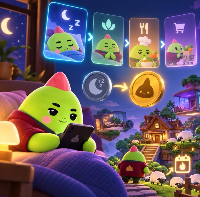 A digital illustration of a cute green character in a red hoodie lying in bed using a smartphone, with floating UI cards showing icons for sleep, food, and shopping, alongside a moon icon and gold coin.