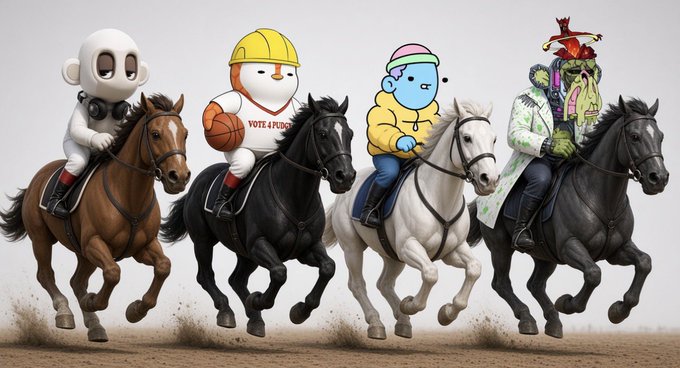 A creative digital artwork showing four NFT-style characters (including Pudgy Penguins and Bored Apes) racing on horseback across a dusty terrain.
