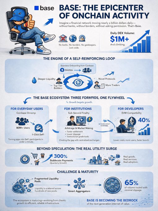 An infographic titled 'Base: The Epicenter of Onchain Activity' detailing Base blockchain's daily DEX volume exceeding $1M, its self-reinforcing loop ecosystem, and growth metrics like 80M+ users and 300% growth in Stablecoin Payments.