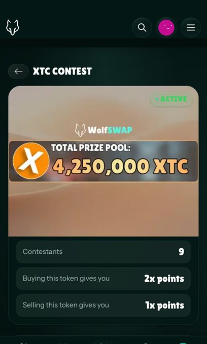 Mobile screenshot of an "XTC CONTEST" on WolfSwap showing an active status, a prize pool of 4,250,000 XTC, and 9 contestants.