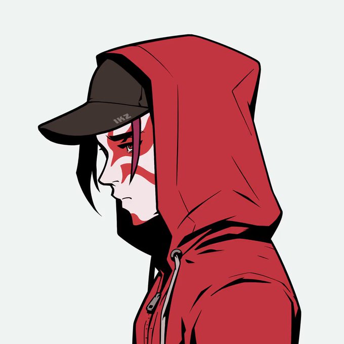 A side-profile illustration of a character wearing a red hoodie and a black cap with 'IKZ' written on it, featuring red facial markings and dark hair.