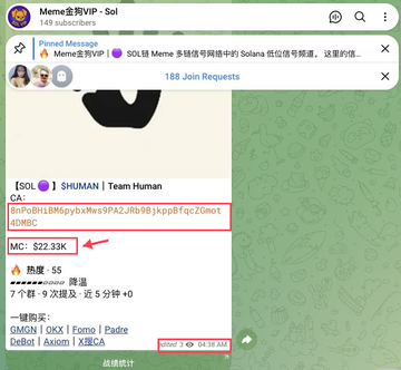 A Telegram chat for 'SOL Meme' (Meme金币VIP) displaying a pinned message with a Solana contract address, 'MC: $22.33K' member count, and listings for GMGN, OKX, Eorno, Padro, DeBot, Axsom, and X虎BCA.