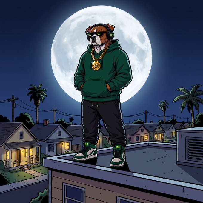 An animated illustration of a bulldog mascot wearing a green hoodie, headphones, and a gold chain with an 'SG' medallion, paired with green sneakers, standing on a rooftop under a full moon in a suburban neighborhood.