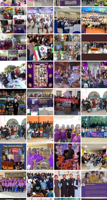 A collage of group photos showing Pi Network community members, including banners referencing "Pi Network" and "6 Network," with members wearing purple Pi Network apparel at various gatherings and events. The collection visually reflects the post's message about a long-standing Pi Network community member who briefly left the group after 6 years but was welcomed back by supportive "little buddies."