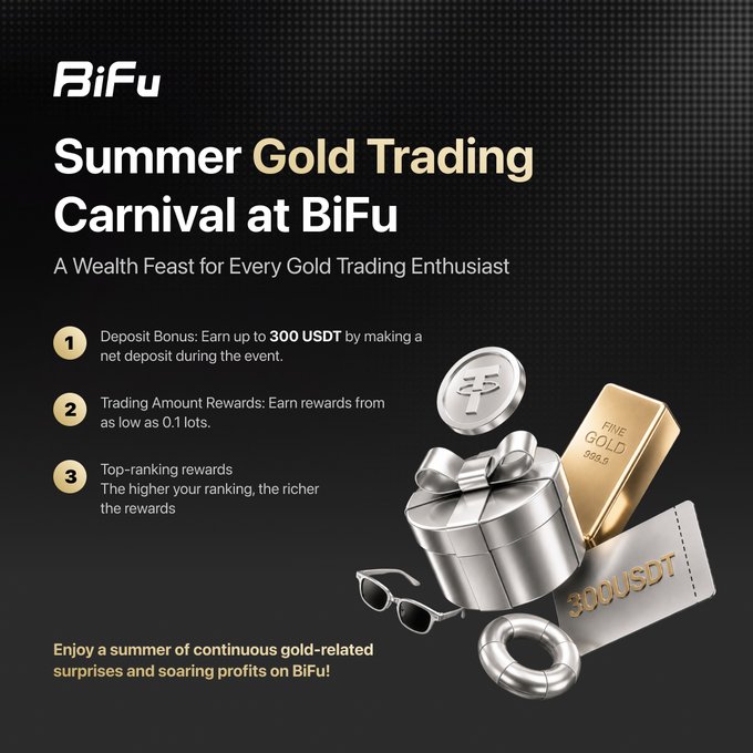 A promotional graphic for BiFu announces a 'Summer Gold Trading Carnival' offering a 300 USDT deposit bonus, trading amount rewards, and top-ranking rewards.