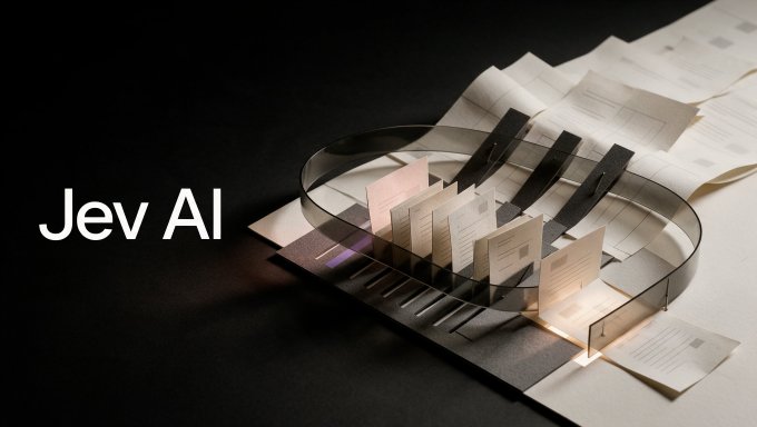 A sleek promotional graphic featuring the text 'Jev AI' alongside a sophisticated arrangement of metallic curved strips over an open book-like structure on a dark surface.