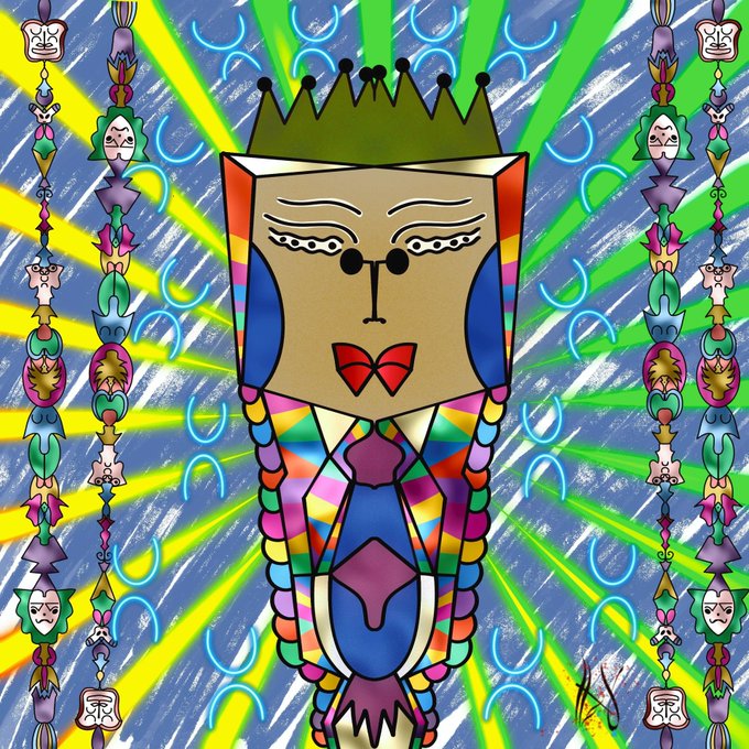 A colorful, psychedelic illustration featuring a crowned figure with glasses and a bow tie, surrounded by sunburst patterns and repeating decorative masks on the sides.