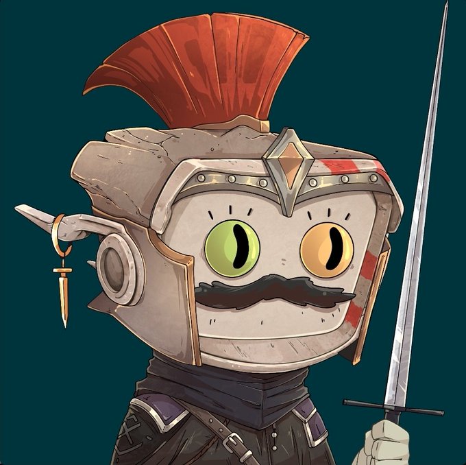 An illustration of a cartoonish robot or knight character with a large helmet featuring a red crest, mismatched green and yellow eyes, a black mustache, and a sword.