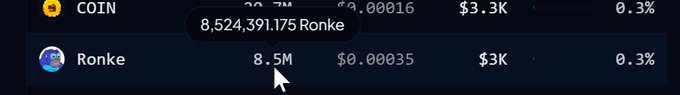 A cryptocurrency market display showing COIN at 30.7M and Ronke at 8.5M, with a tooltip highlighting 8,524,391.175 Ronke tokens priced at $0.00035.