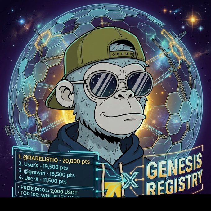 A digital illustration of a cartoon monkey wearing a backward green cap, round sunglasses, and a dark hoodie, set against a cosmic hexagonal sphere background, with text reading 'GENESIS REGISTRY' and a leaderboard showing '@RARELISTIO - 20,000 pts', 'UserX - 19,500 pts', '@grawin - 18,500 pts', and 'UserX - 11,500 pts', along with 'PRIZE POOL: 2,000 USDT' and 'TOP 100: WHITELIST'.