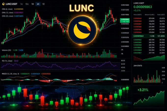 A trading chart displays LUNC/USDT at $0.00009863, up 3.21%, featuring candlestick price action, EMA lines, volume bars, RSI at 53.62, and MACD indicators—visually supporting the post's claim that LUNC is holding support and building momentum after a recent move.