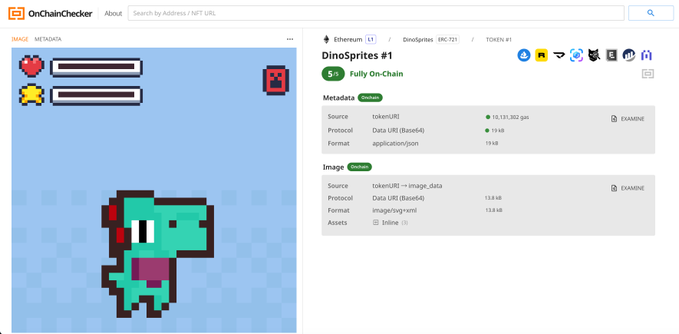 In the image, a cartoon dinosaur of an animated green dinosaur with a red head appears to be running across a blue background. The image shows that the dinosaur has been successfully scored 5 points on the OnChain Checker game platform for fully on-chain gameplay. Further, the player's score is displayed as 5 out of 5, indicating they have achieved a perfect score in the game.
