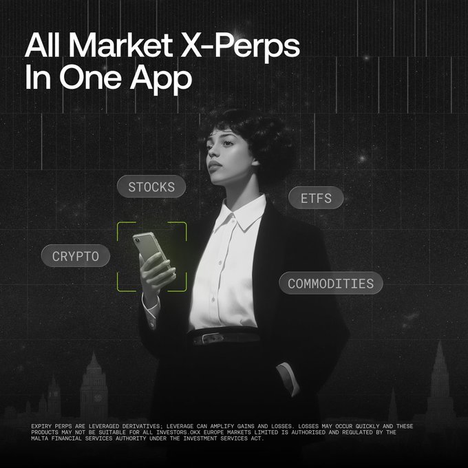 The image shows a woman dressed in a business suit standing next to a large city skyline, holding up her phone. There are several labels above her head which read "Stock, ETF, and Commodity X-Perps", indicating that she is looking at financial data or information related to these markets. Additionally, there is text on the image that mentions "all market x-perps in one app" and "Trade around the clock (24/7) futures on the Magnificent 7, $SPY, $QQQ, Gold, Silver, and Oil - with up to 10x leverage." The post appears to be a promotional piece for a trading platform offering X-Perps markets.