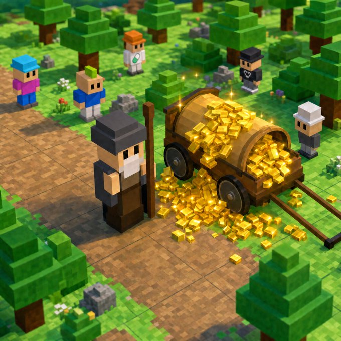 The image features a group of people standing around a large wooden cart filled with gold bars, which are scattered across the scene. The cart appears to be overflowing with gold, indicating that there might have been an event or celebration involving the use of these precious metals. The people in the image seem to be engaged in conversation and enjoying themselves as they gather around the cart.