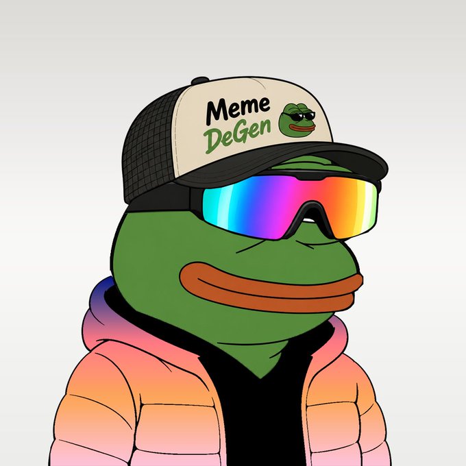 A Pepe the Frog cartoon character wearing a trucker hat labeled 'Meme DeGen', rainbow reflective sunglasses, and a pink puffy jacket.