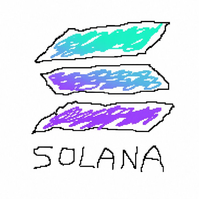 A colorful crayon-style sketch of the Solana logo with three stacked horizontal bars above the text "SOLANA".