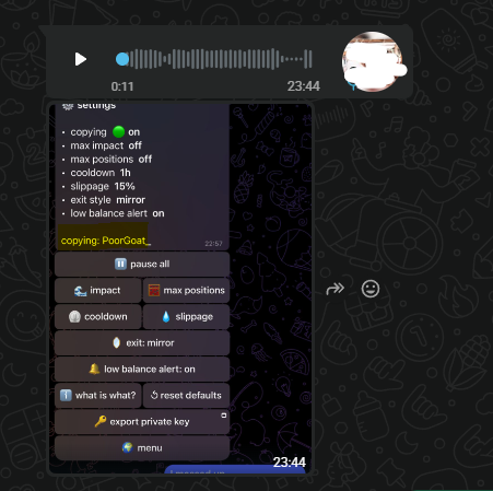 A screenshot of a voice message interface on a messaging app, showing audio playback controls, duration of 23:44, and a settings menu for a bot with options like 'max impact off', 'cooldown 1h', and 'slippage 15%'.