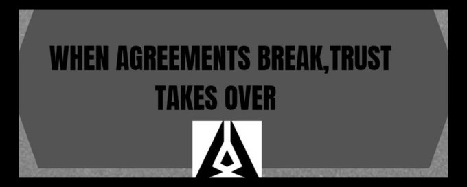 A dark gray graphic with bold text reading 'WHEN AGREEMENTS BREAK, TRUST TAKES OVER' above the Apex Legends logo.