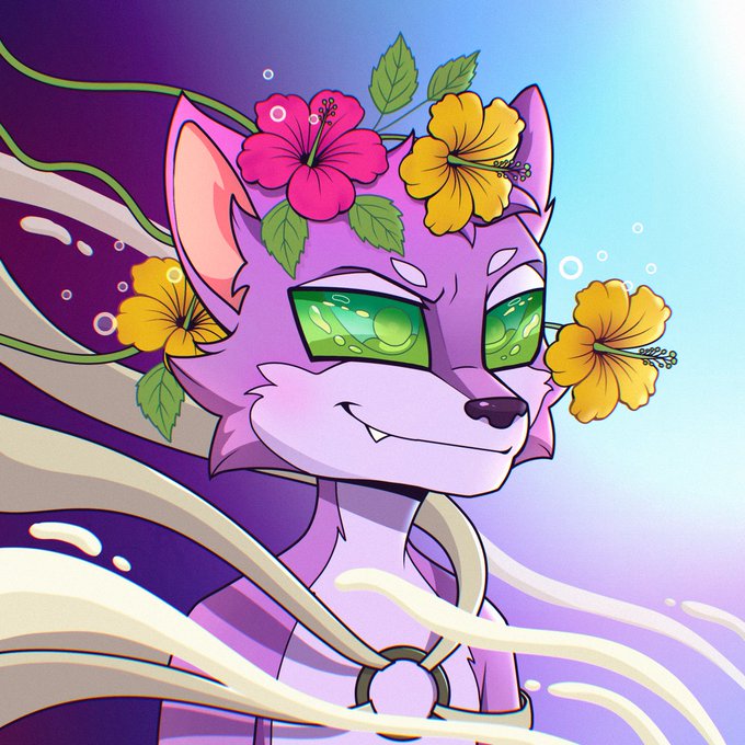 A purple anthropomorphic fox character with vibrant green eyes, adorned with tropical hibiscus flowers and swirling ethereal ribbons, is featured as a 1/1 artwork by @iamGravityArts to celebrate a mint event for the Rowdies NFT collection on OpenSea.