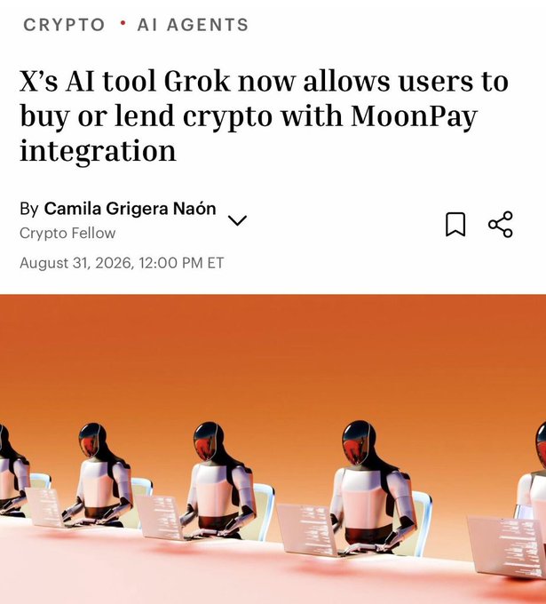A Fortune news article headline reads "X's AI tool Grok now allows users to buy or lend crypto with MoonPay integration," dated August 31, 2026, accompanied by an illustration of humanoid robots working on laptops. The image visually represents the AI-driven crypto trading capabilities highlighted in the headline, reinforcing the article's focus on Grok's new MoonPay integration.