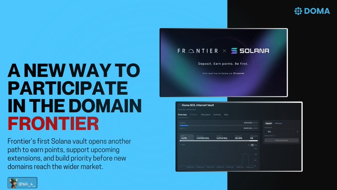 A promotional banner for 'DOMA' featuring 'A NEW WAY TO PARTICIPATE IN THE DOMAIN FRONTIER' with screenshots of 'FRONTIER x SOLANA' and 'Doma SOL Internet Vault'.