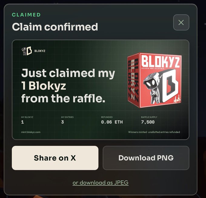 A 'Claim confirmed' notification displays a claimed Blokyz NFT from a raffle, showing 1 Blokyz won from 3 entries with 0.06 ETH refunded and a raffle supply of 7,500.