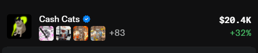 A screenshot of a Discord server named 'Cash Cats' showing a wallet value of $20.4K with a +32% gain.