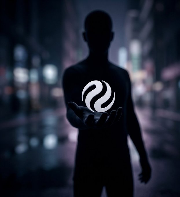 The image features a man holding up an object that looks like a white circle with black lines inside of it. The background shows a city street at night, which adds depth to the scene. There are no other objects or people visible in the image, making the focus on the man and his hand-held object stand out prominently.