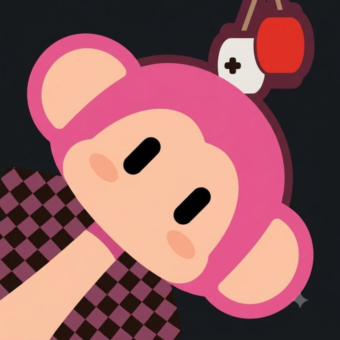 A cartoon illustration of a pink monkey character with closed eyes, wearing a checkered purple shirt and a small red hat with a game controller symbol.