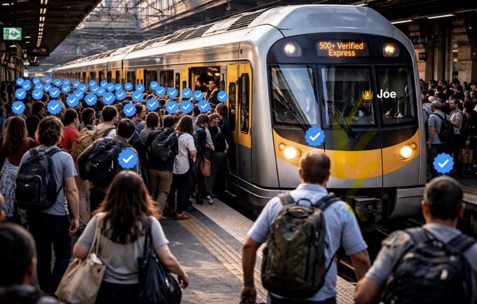 A crowded train station scene with a yellow and gray train displaying '500+ Verified Express' and 'Joe' on its front, while blue verified checkmark icons are scattered throughout the crowd of passengers.