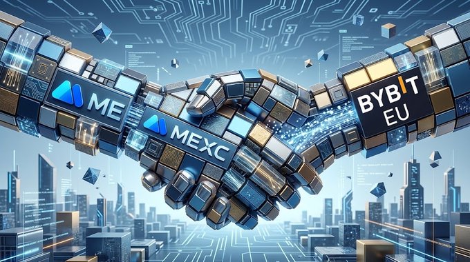 A digital illustration showing a handshake formed from metallic blocks with logos for 'MEXC', 'ME', and 'BYBIT EU', set against a futuristic cityscape background.
