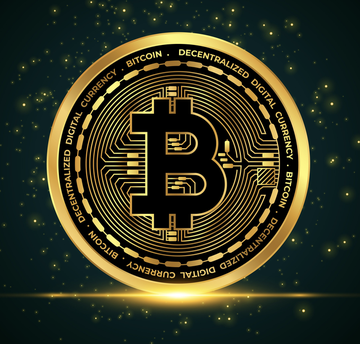 A digital rendering of a golden Bitcoin coin featuring the iconic 'B' logo with text around the rim reading 'BITCOIN DIGITAL CURRENCY DECENTRALIZED,' set against a starry dark background.