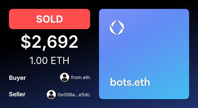 NFT sale notification showing 'bots.eth' SOLD for $2,692 (1.00 ETH), buyer from.eth, seller 0x058a...e5dc.