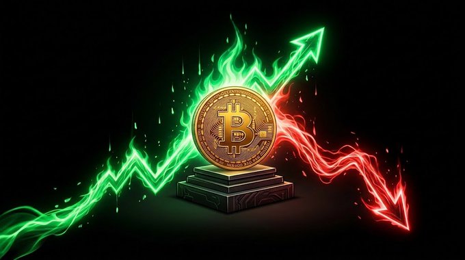 A glowing Bitcoin coin sits on a pedestal, flanked by a rising green arrow of flame on one side and a falling red arrow on the other—symbolizing the bullish confidence and bearish risks weighing on BTC's price action. The "B" symbol is prominently displayed on the coin, reinforcing the post's question of whether Bitcoin has bottomed amid geopolitical and economic uncertainty.