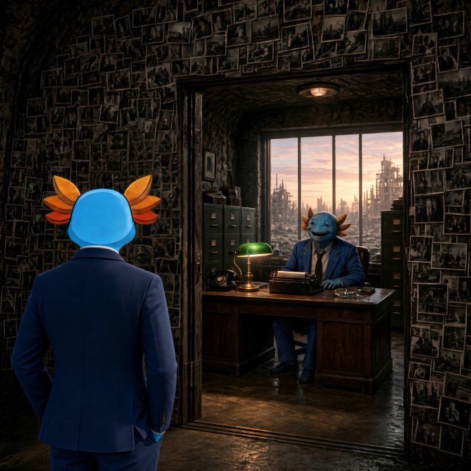 Digital artwork showing a blue axolotl character in a suit standing in a doorway, looking into an office where another axolotl in a blue suit sits at a desk with a typewriter, surrounded by walls covered in photographs.