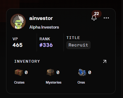 The image shows a user's profile card on Legion, displaying the username "ainvestor" affiliated with "Alpha Investors," with stats including 465 VP, rank #336, and the title "Recruit." The inventory shows 0 Crates, 0 Mysteries, and 0 Ores. The profile visually supports the post's claim about the user's rank being #336 on Legion Republic after the Jumper presale announcement.