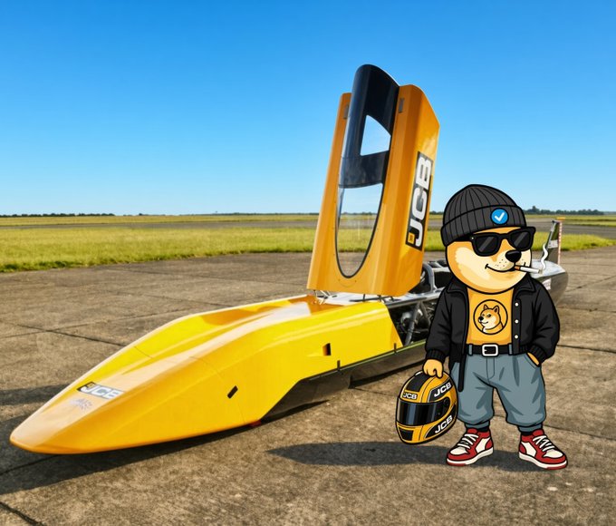A cartoon Doge character wearing sunglasses, a black beanie, and jacket stands on an airfield holding a JCB-branded helmet next to a yellow and orange JCB land speed record vehicle.