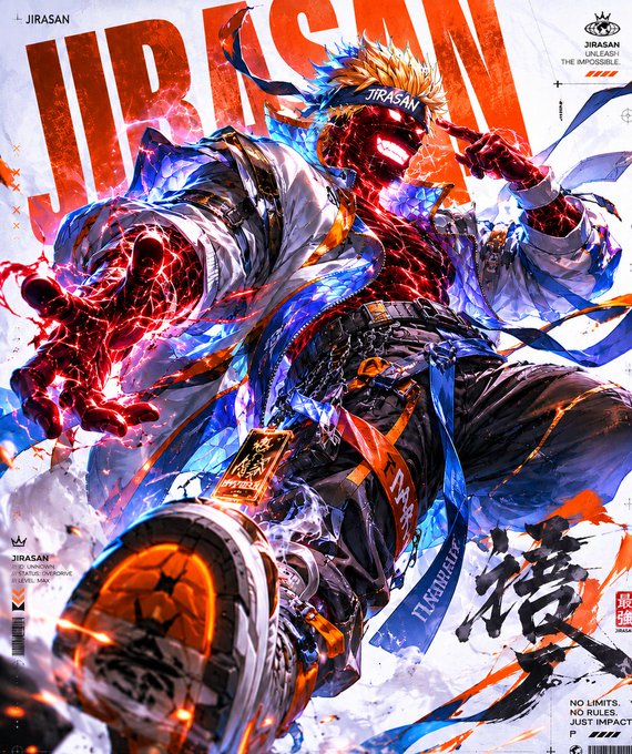 A vibrant, stylized poster featuring an anime-like character with spiky blonde hair, glowing red eyes, and energy-wrapped fists, branded 'JIRASAN' with the tagline 'NO LIMITS. NO RULES. JUST IMPACT'.