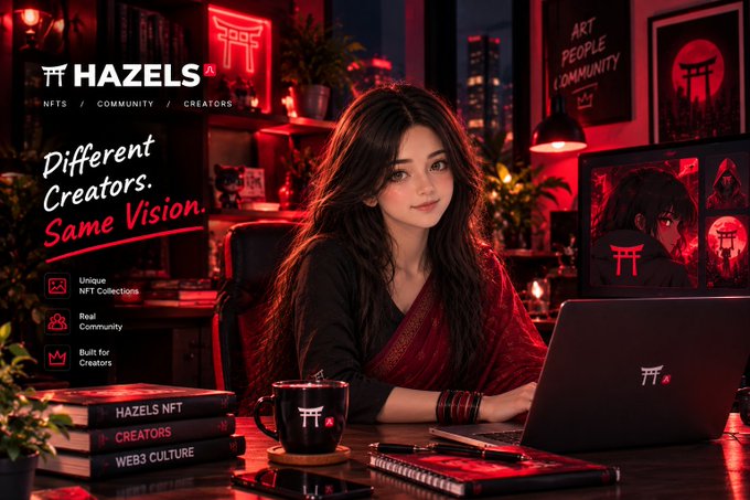 An anime-style promotional image for 'HAZELS' with the tagline 'Different Creators. Same Vision.', depicting a young woman at a desk with a laptop and torii gate motifs.