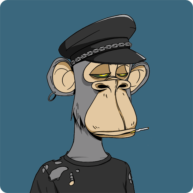 A cartoon illustration of a tired-looking Bored Ape-style monkey wearing a black officer's cap and black shirt, smoking a cigarette.