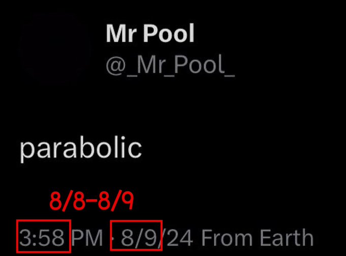 A tweet screenshot from user "Mr Pool" (@_Mr_Pool_) posted on 8/9/24 at 3:58 PM displaying the single word "parabolic," with the date "8/8-8/9" highlighted in red above the timestamp. The image humorously illustrates the word "parabolic" by showing two adjacent dates (8/8 and 8/9) with the numbers visually forming a parabolic curve shape.