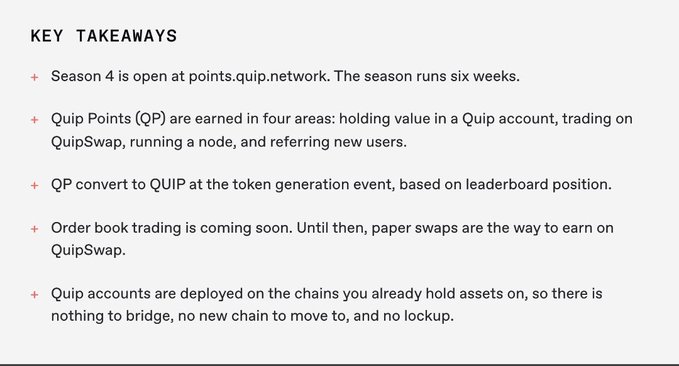 A text graphic titled 'KEY TAKEAWAYS' listing five bullet points about 'quip.network' Season 4, detailing how Quip Points (QP) are earned and converted to QUIP tokens.