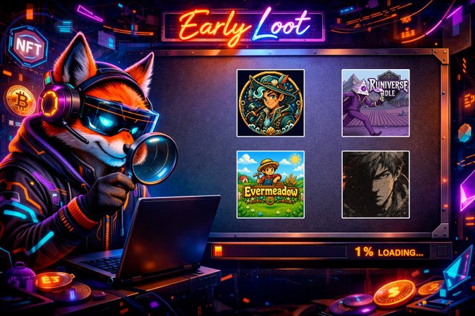 A digital illustration shows an anthropomorphic fox wearing glowing blue headphones and sunglasses while using a laptop, set against a dark background with neon signs reading 'NFT' and 'Early Loot'.
