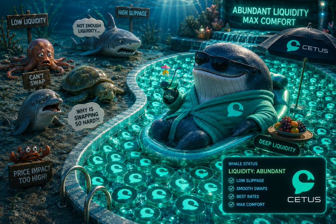 A digital artwork promoting the Cetus Protocol, depicting a whale relaxing in a pool of liquid cryptocurrency while sad sea creatures hold signs reading 'LOW LIQUIDITY,' 'NOT ENOUGH LIQUIDITY,' 'CAN'T SWAP,' and 'PRICE IMPACT TOO HIGH,' with text advertising 'ABUNDANT LIQUIDITY MAX COMFORT.'