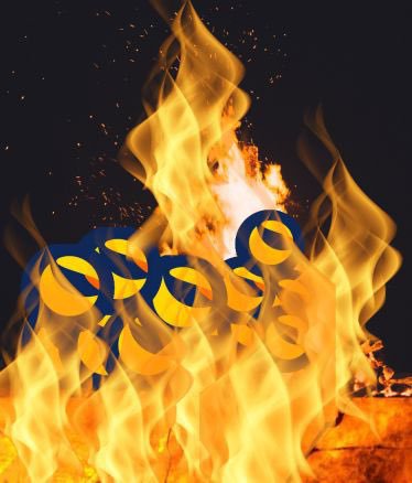 Yellow and blue 3D text spelling 'CORGI' is engulfed in bright orange flames against a dark background with sparks flying.