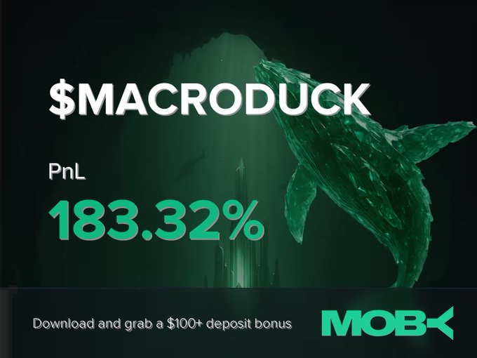 A promotional advertisement for $MACRODUCK showing a PnL of 183.32% with an underwater whale graphic, advertising a $100+ deposit bonus on MOBK.