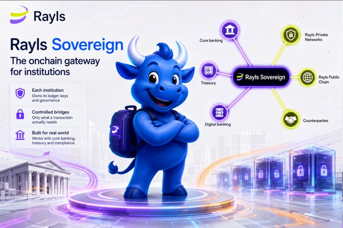Rayls Sovereign promotional graphic featuring a blue bull mascot, described as 'The onchain gateway for institutions' with features including controlled bridges and real-world integrations with core banking, treasury, and Rayls Public Chain.