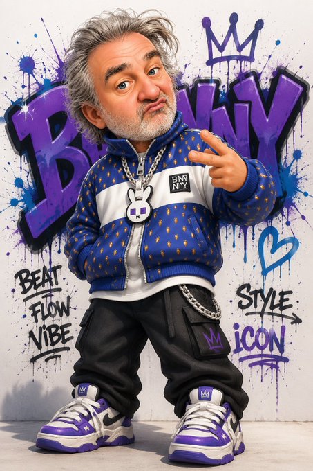 A stylized graffiti-art illustration of an older man with gray hair in a blue polka-dot tracksuit, gold chain, and purple sneakers, standing in front of purple graffiti reading 'BNY' with tags 'BEAT FLOW VIBE' and 'STYLE ICON.'